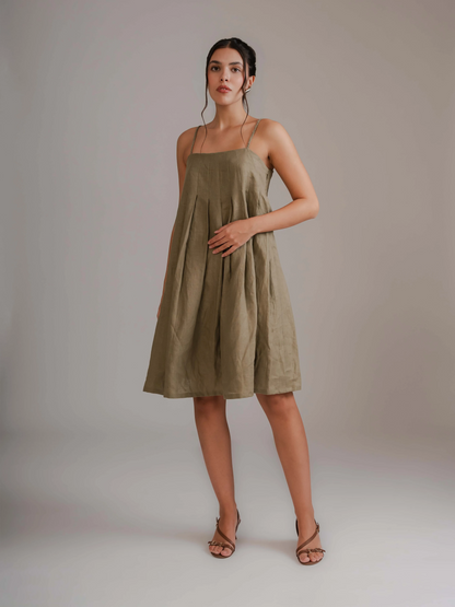 Olive Pleated Short Dress