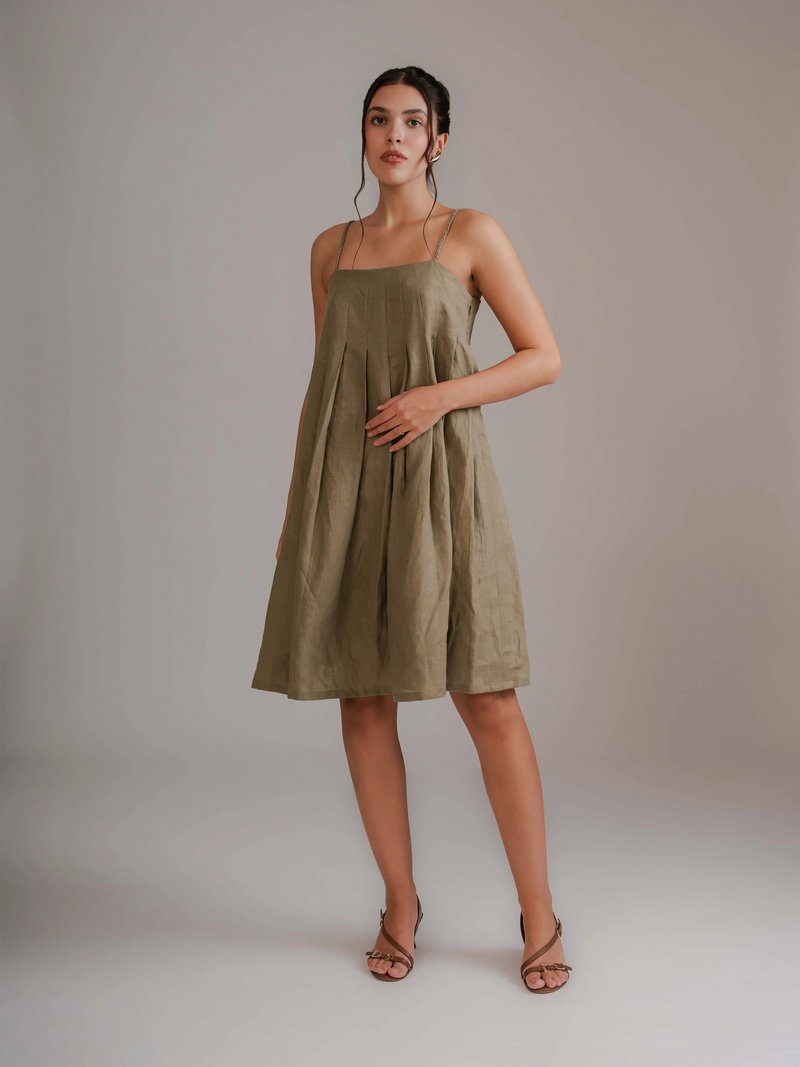 Olive Pleated Short Dress