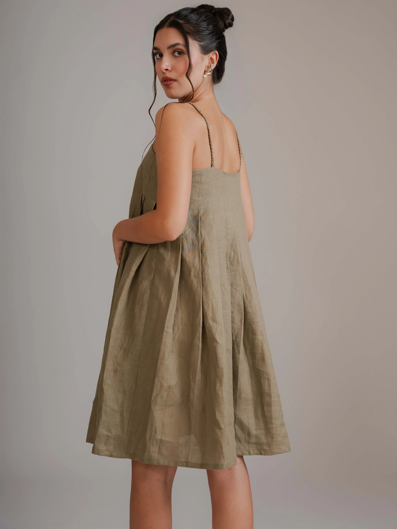 Olive Pleated Short Dress
