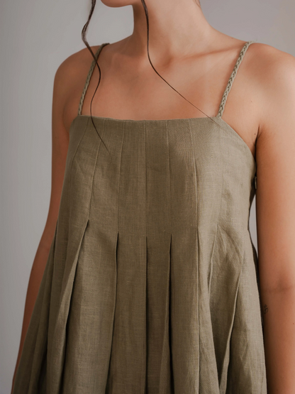 Olive Pleated Short Dress