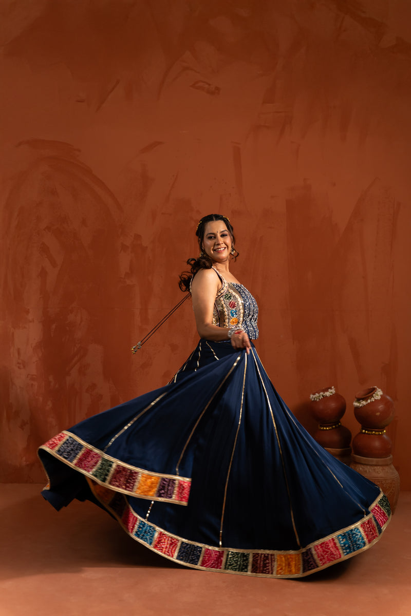 Midnight Blue Multicolour Border Navratri Lehenga Set