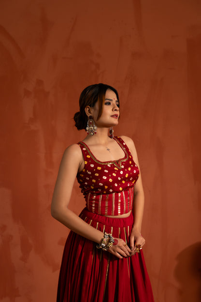 Ruby Red Mirror Work Navratri Lehenga Set