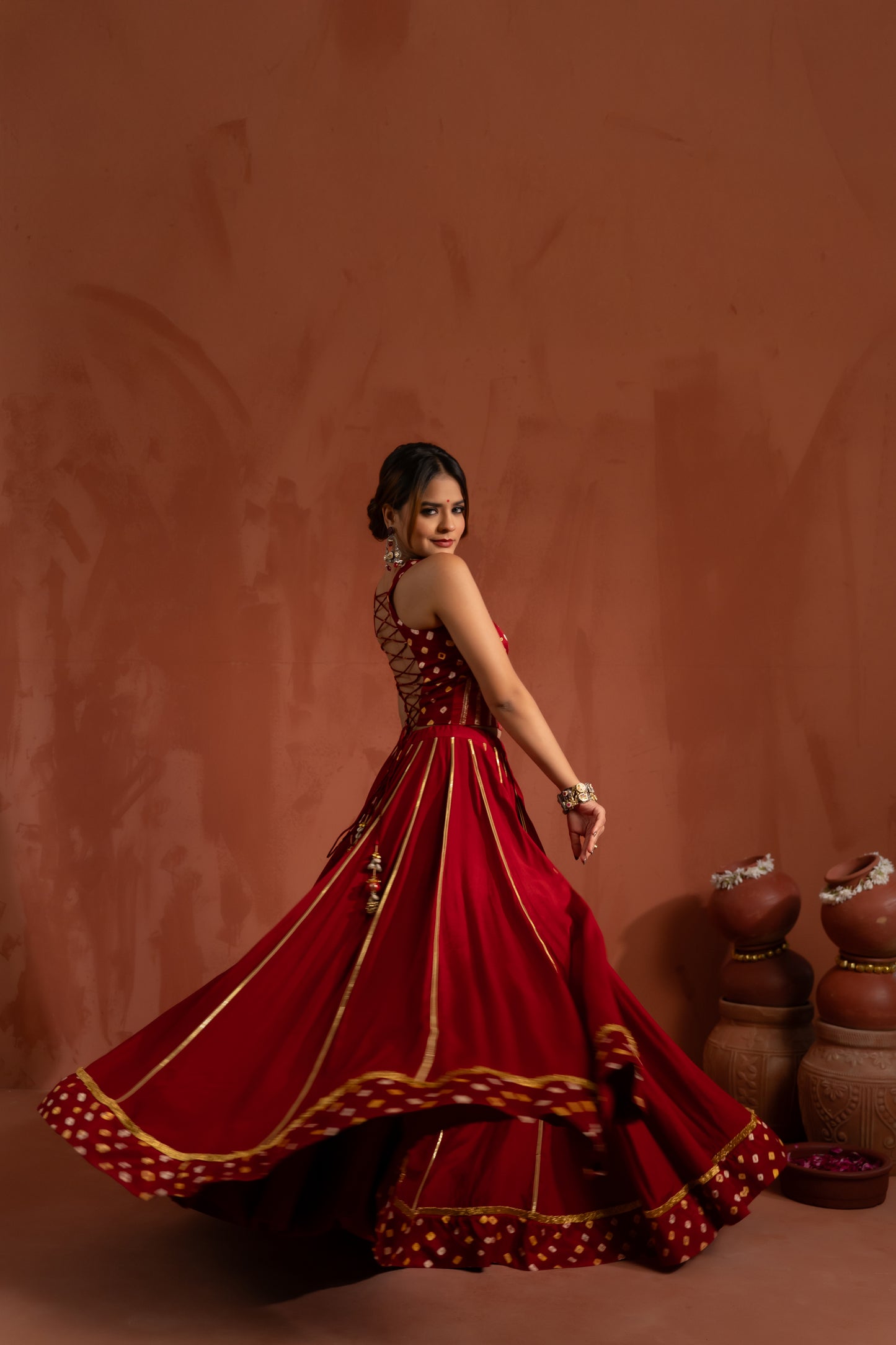 Ruby Red Mirror Work Navratri Lehenga Set