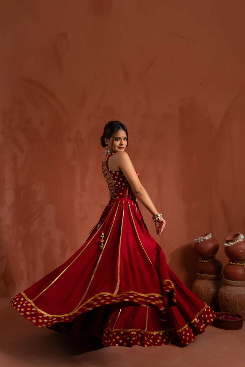Ruby Red Mirror Work Navratri Lehenga Set