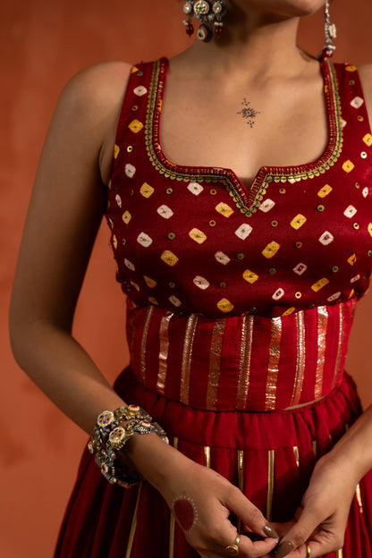 Ruby Red Mirror Work Navratri Lehenga Set