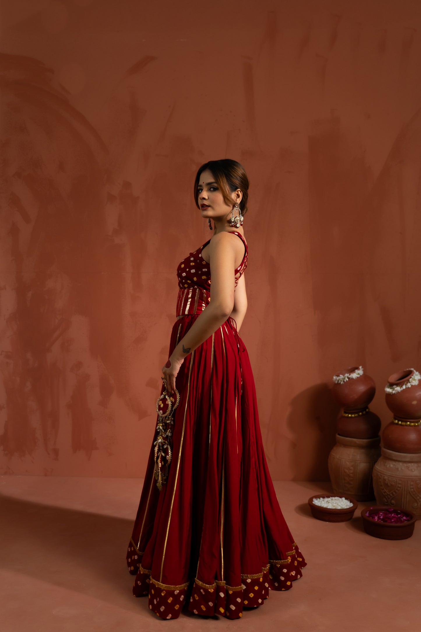 Ruby Red Mirror Work Navratri Lehenga Set