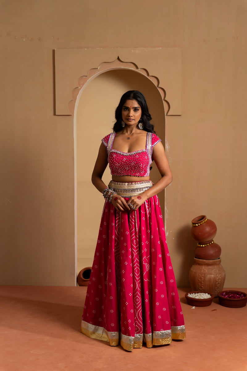 Rani Pink Mirror Work Navratri Lehenga Set