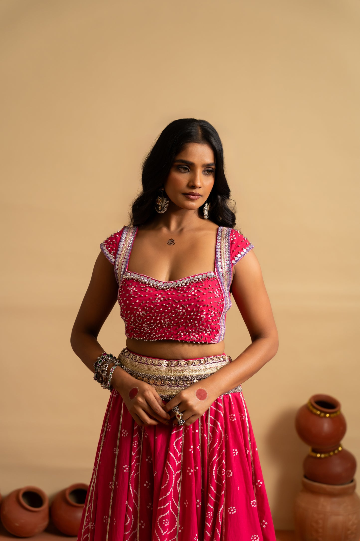 Rani Pink Mirror Work Navratri Lehenga Set