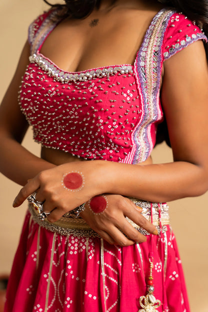 Rani Pink Mirror Work Navratri Lehenga Set