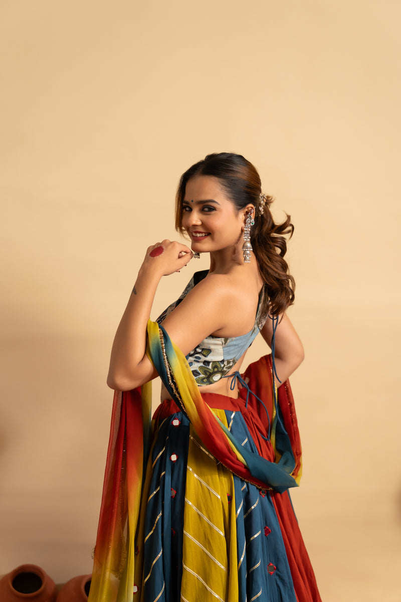 Tricolor Mirror Work Navratri Lehenga Set