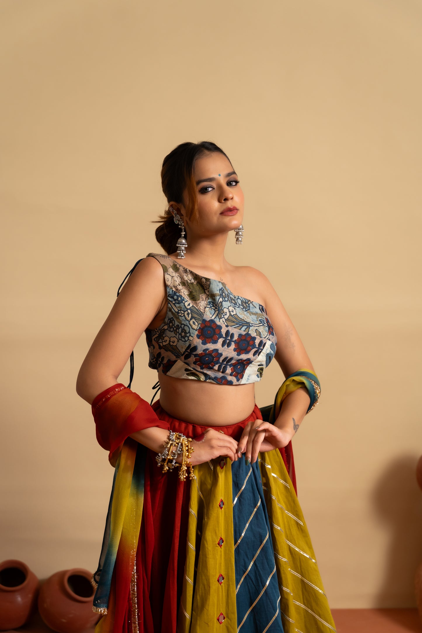 Tricolor Mirror Work Navratri Lehenga Set