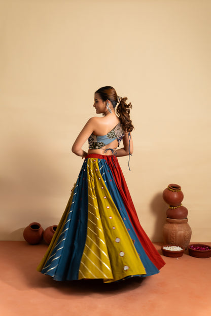 Tricolor Mirror Work Navratri Lehenga Set
