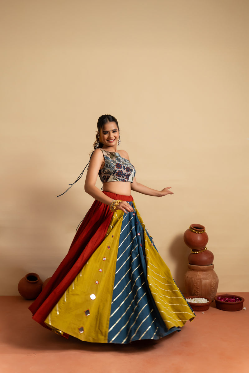 Tricolor Mirror Work Navratri Lehenga Set