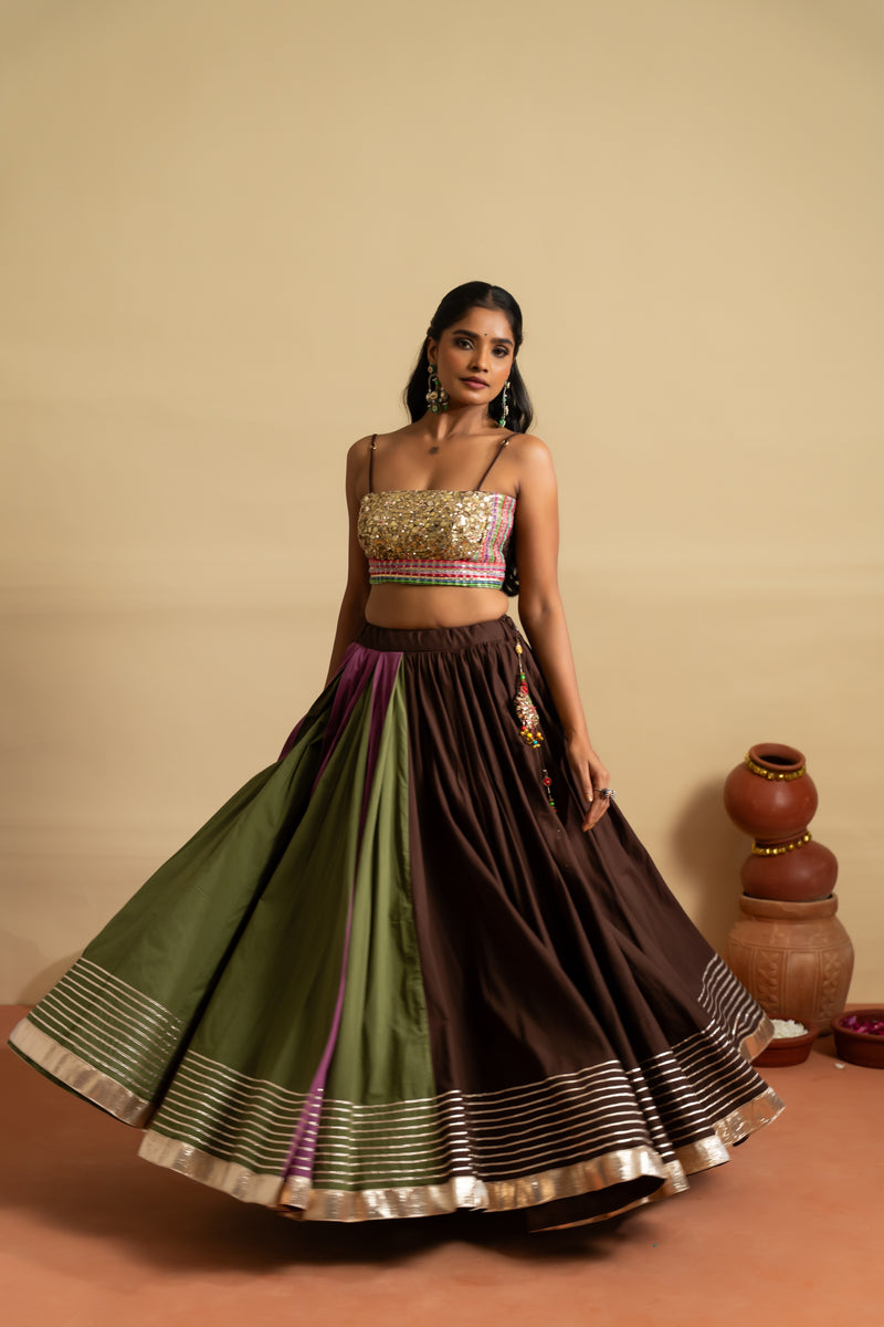 Gold Sequin & Earth-Tone Navratri Lehenga Set