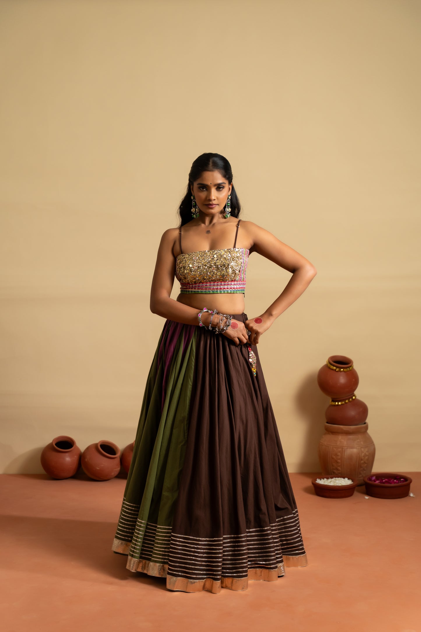 Gold Sequin & Earth-Tone Navratri Lehenga Set