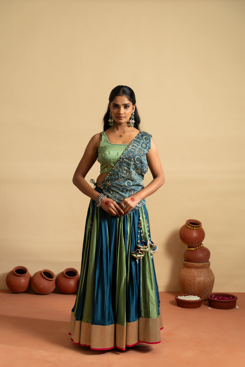 Emerald Blue Ajrakh Navratri Lehenga Set