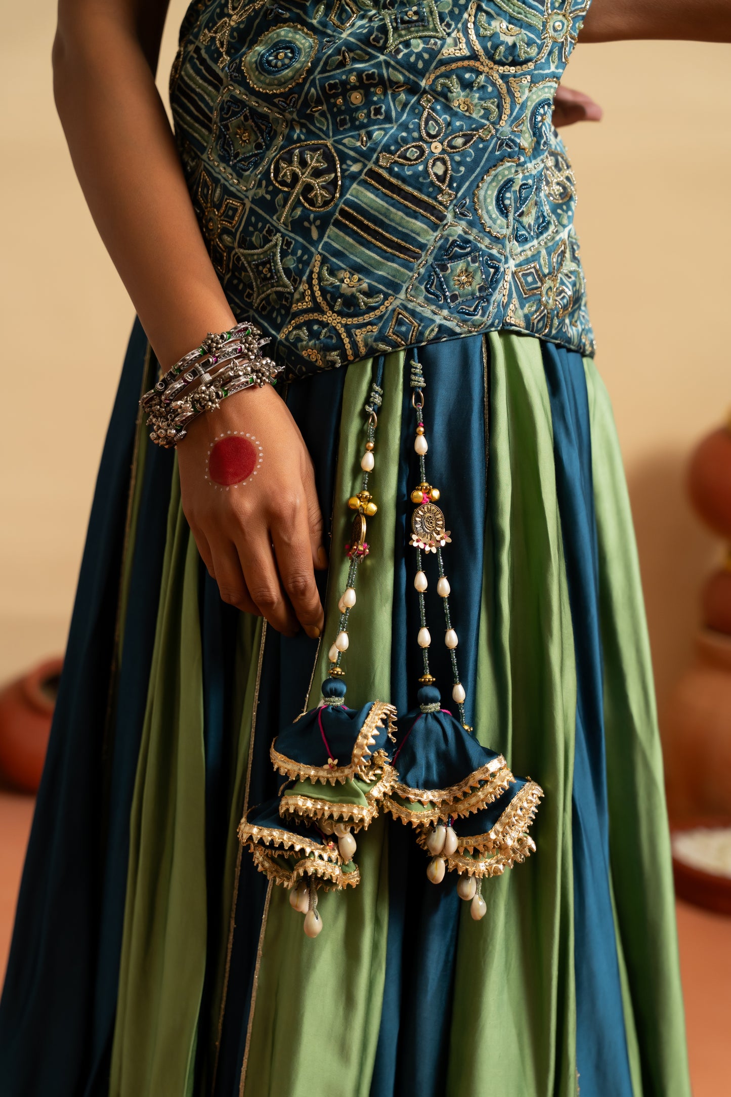 Emerald Blue Ajrakh Navratri Lehenga Set