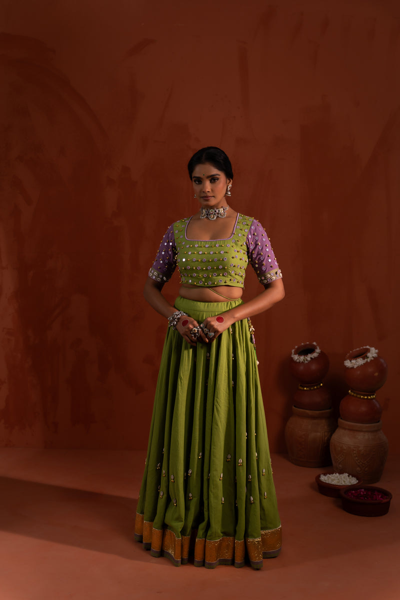 Olive Green Mirror Work Navratri Lehenga Set