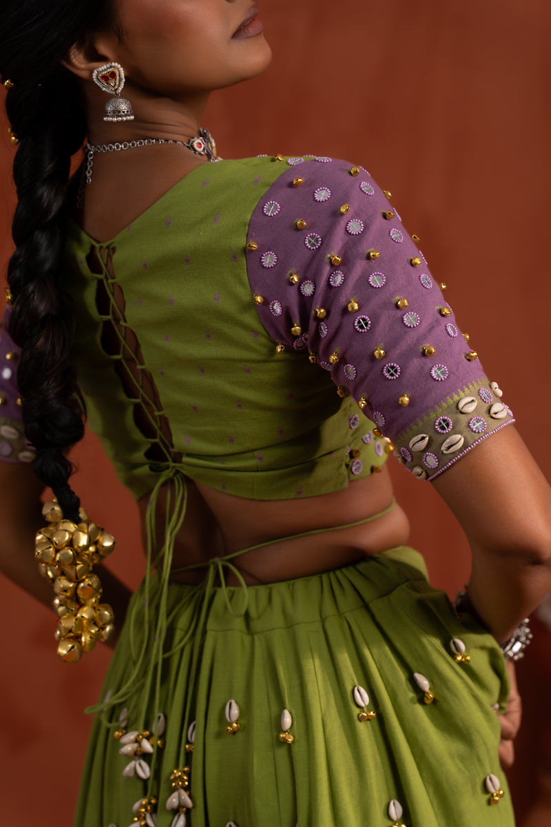 Olive Green Mirror Work Navratri Lehenga Set