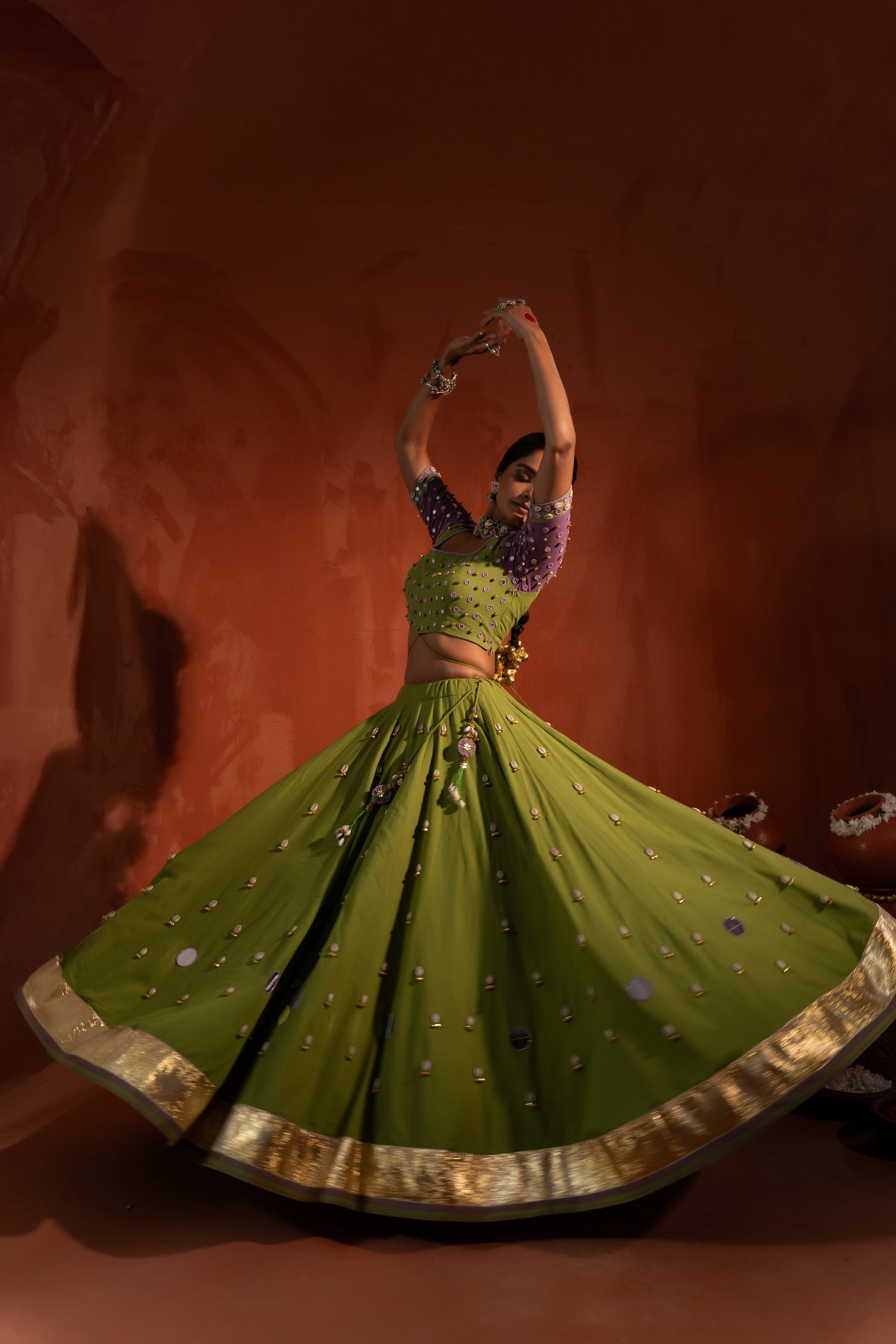 Olive Green Mirror Work Navratri Lehenga Set