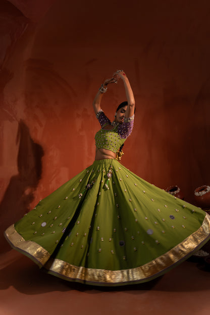 Olive Green Mirror Work Navratri Lehenga Set