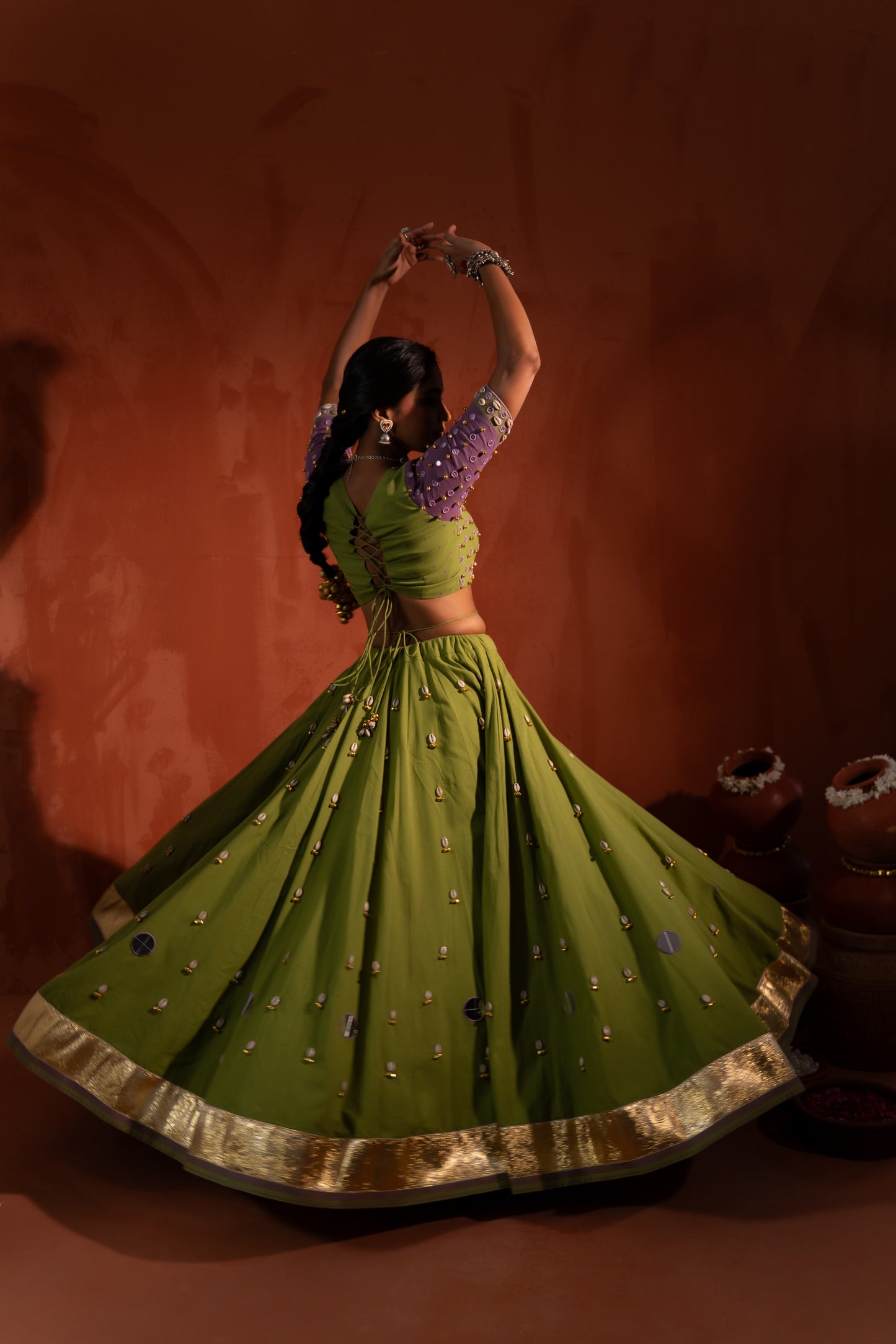 Olive Green Mirror Work Navratri Lehenga Set