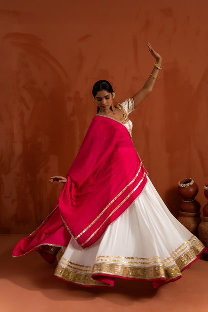 Ivory & Rani Pink Traditional Navratri Lehenga Set