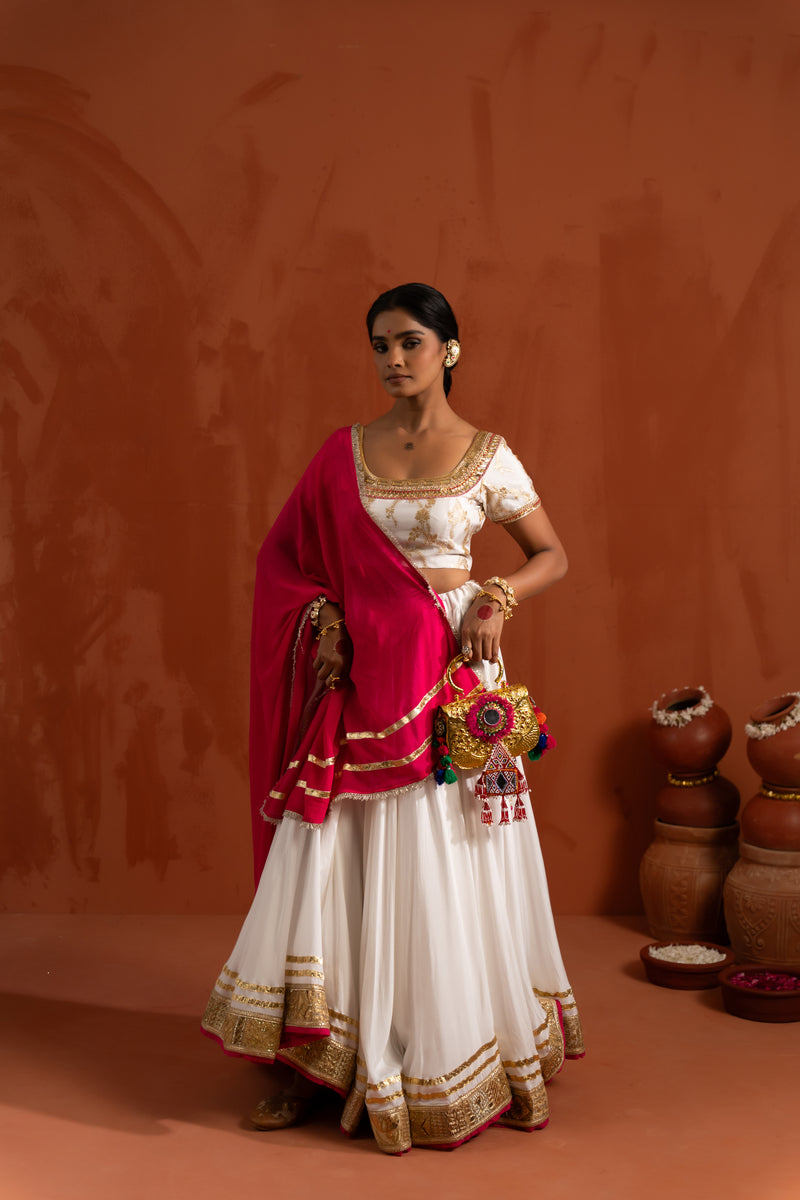 Ivory & Rani Pink Traditional Navratri Lehenga Set