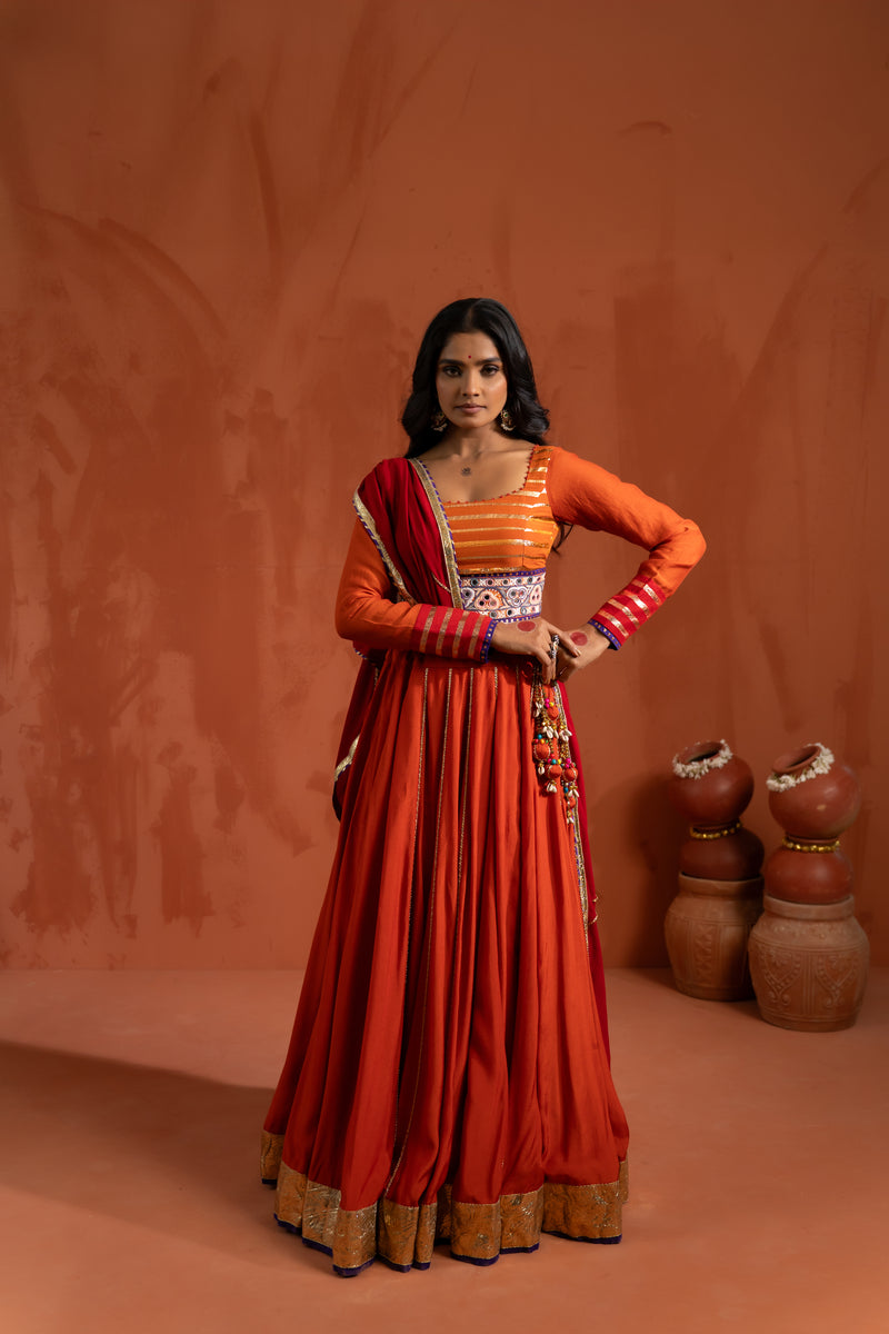 Rust Orange & Red Traditional Navratri Lehenga Set
