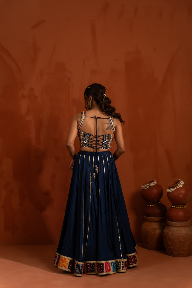 Midnight Blue Multicolour Border Navratri Lehenga Set